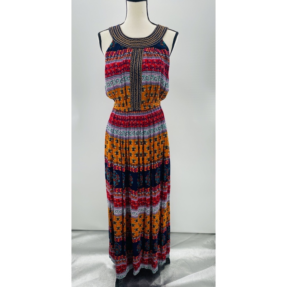 Patrons of Peace Sleeveless Elastic Waist Multicolor  Beaded Neckline Maxi Dress